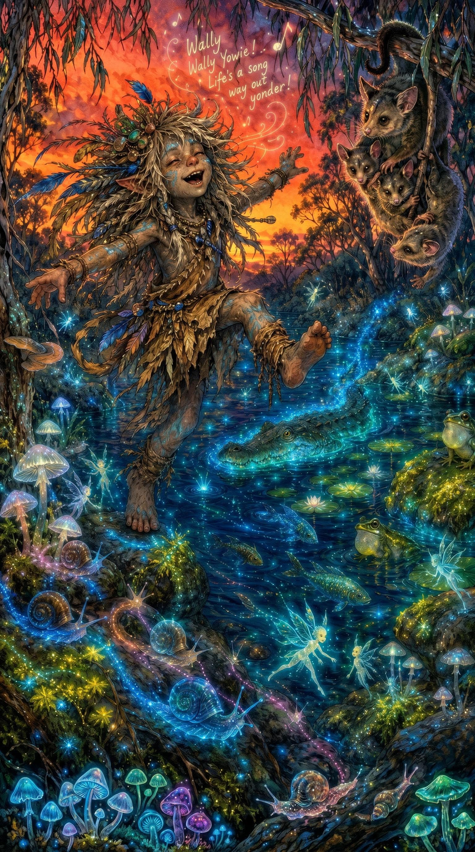 AI generated: In a surreal, whimsical world where Aussiecore DreamtimeFunk meets WyldeFey elemental aesthetics, a ...
