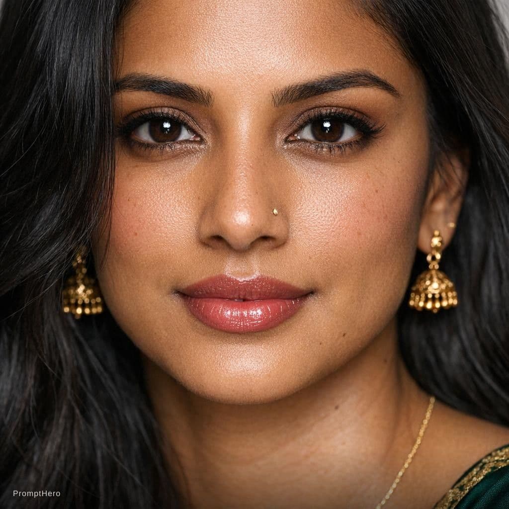 AI generated: Create an ultra photorealistic extreme close-up portrait of a 33-year-old Indian woman, front-facing...