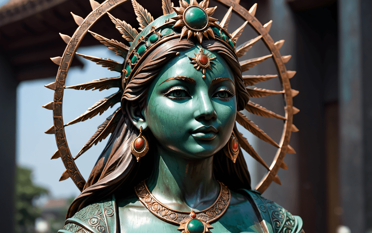 AI generated: copper sun princess statue,(deep green patina:1.3), realism, realistic ,one full body, intricate det...