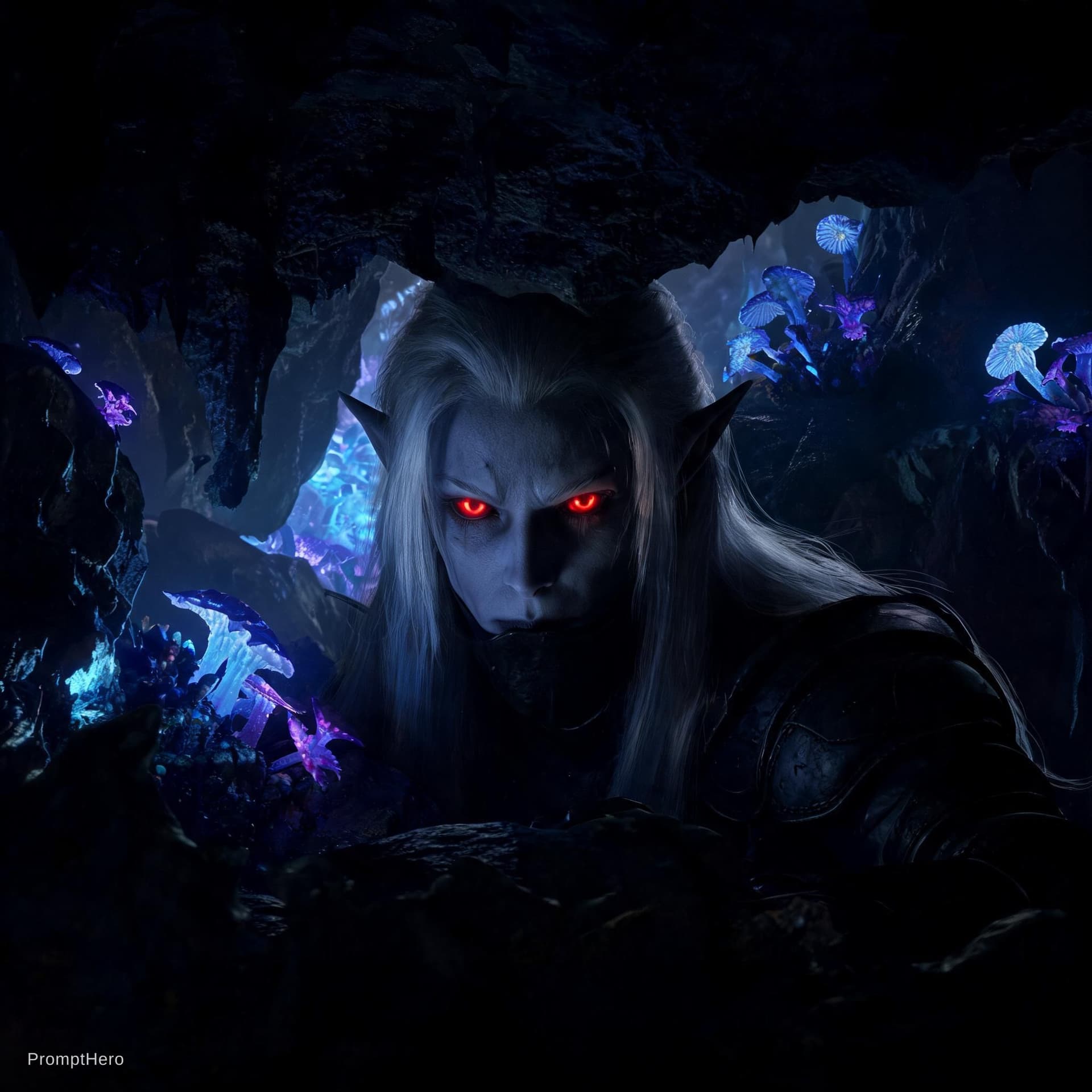 AI generated: a dark elf staring intently in the shadows of the underdark
