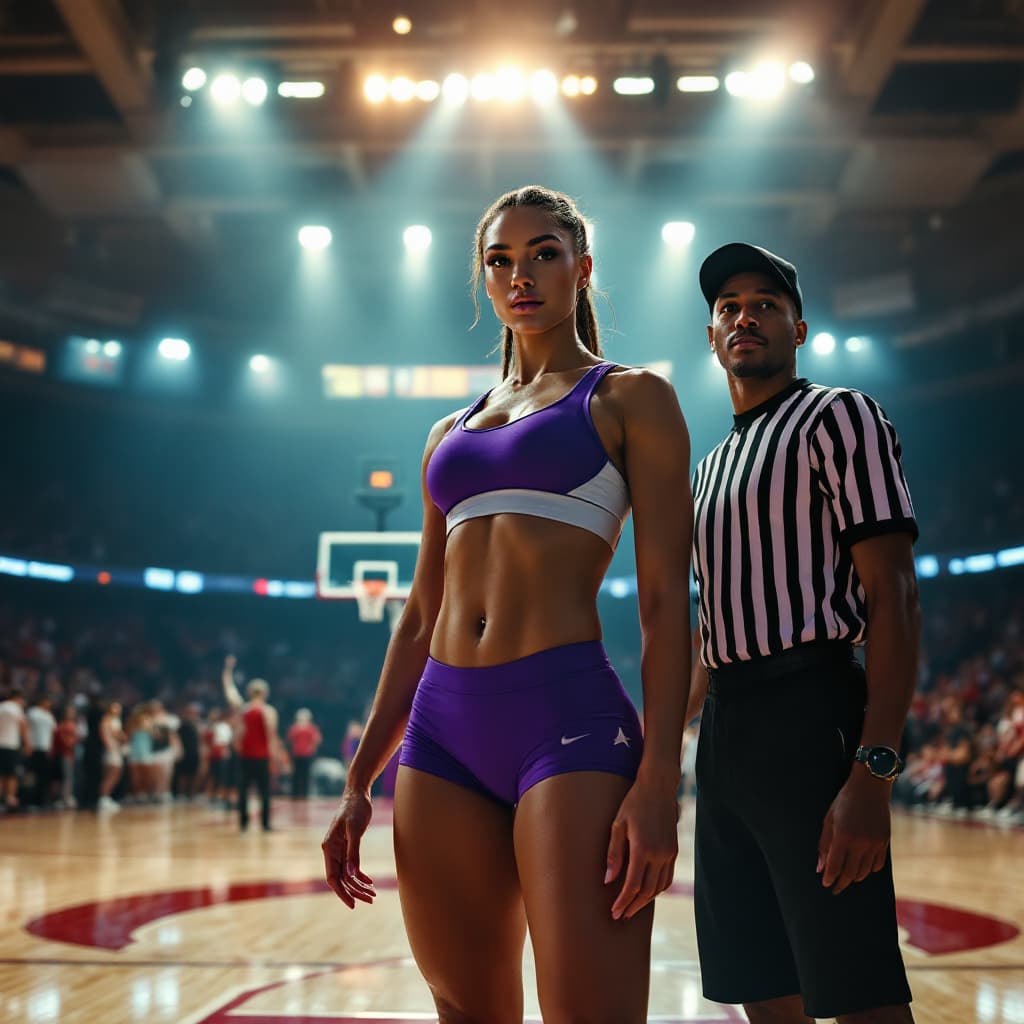 AI generated: A 10ft tall confident heavily built  female basketball player in a sleek sports bra and fitted athle...