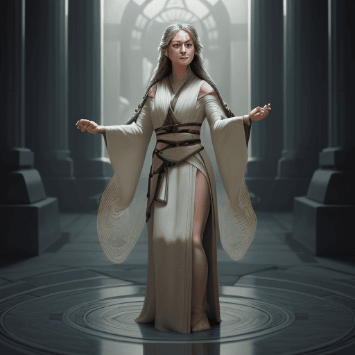 AI generated: A powerful and elegant Female Jedi standing confidently in the midst of the Jedi Temple, her robes f...
