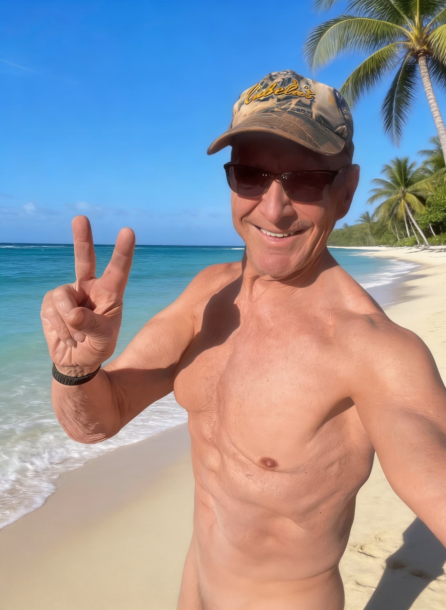 AI generated: Make reference image naked. Replace background with tropical beach and ocean