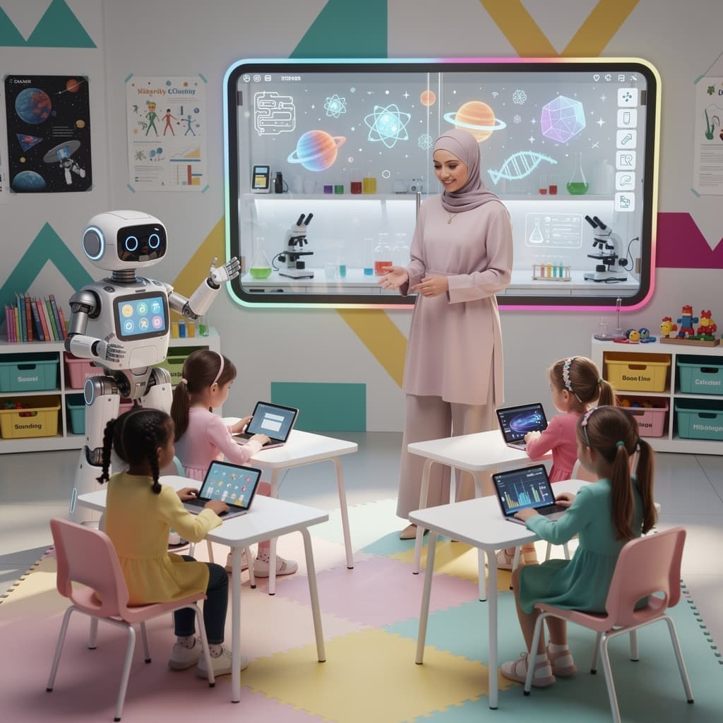 AI generated: Title: Futuristic Classroom with Hijabi Teacher and Educational Robot

Description:
A colorful, futu...