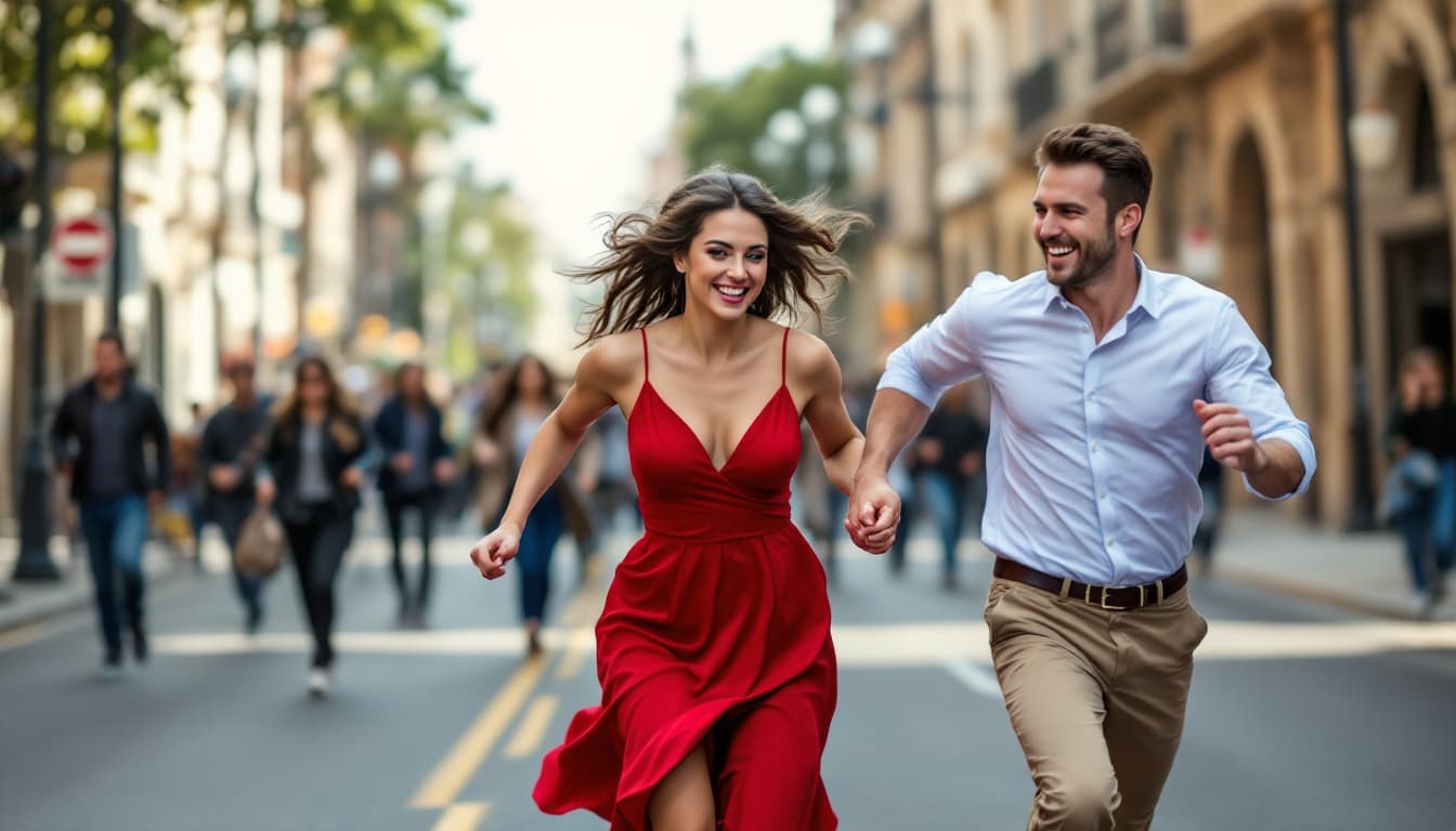 AI generated: A WOMAN AND A MAN HOLDING HANDS ARE RUNNING DOWN THE STREET. A WOMAN IN A RED DRESS. PEOPLE ARE RUNN...