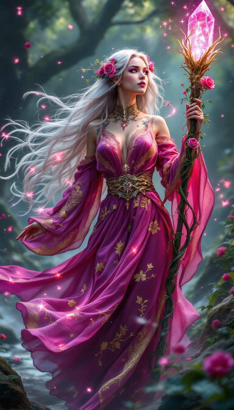 AI generated: An ultra-realistic, full-body action shot of a mesmerizing magenta elementalist woman, exuding raw m...