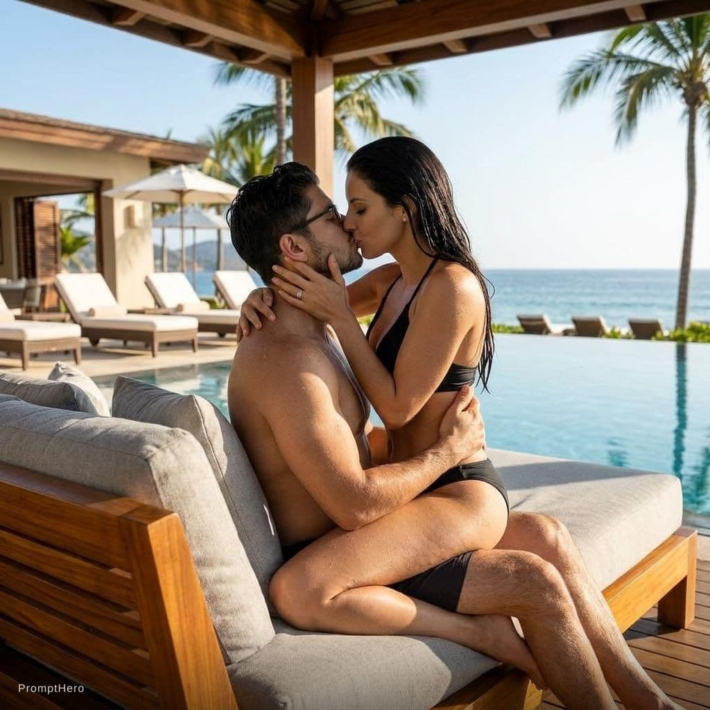 AI generated: Make them kiss while sitting on a luxury resort on his lap 