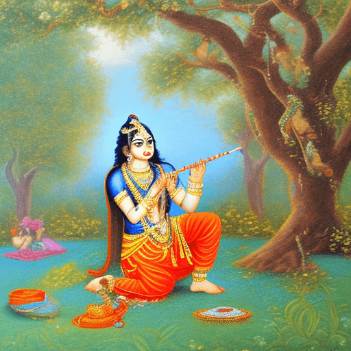 AI generated: Krishna Playing flute under a tree
