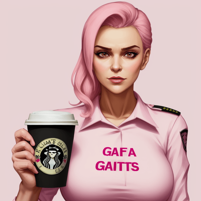 AI generated: FSB operatora from gta holding coffee with GALTS written on it with pink background

