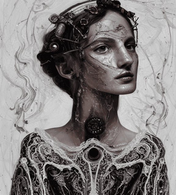 AI generated: Oil painting, high resolution 8k, Lucio Fontana master painter, Byzantine artwork, 
young lady close...
