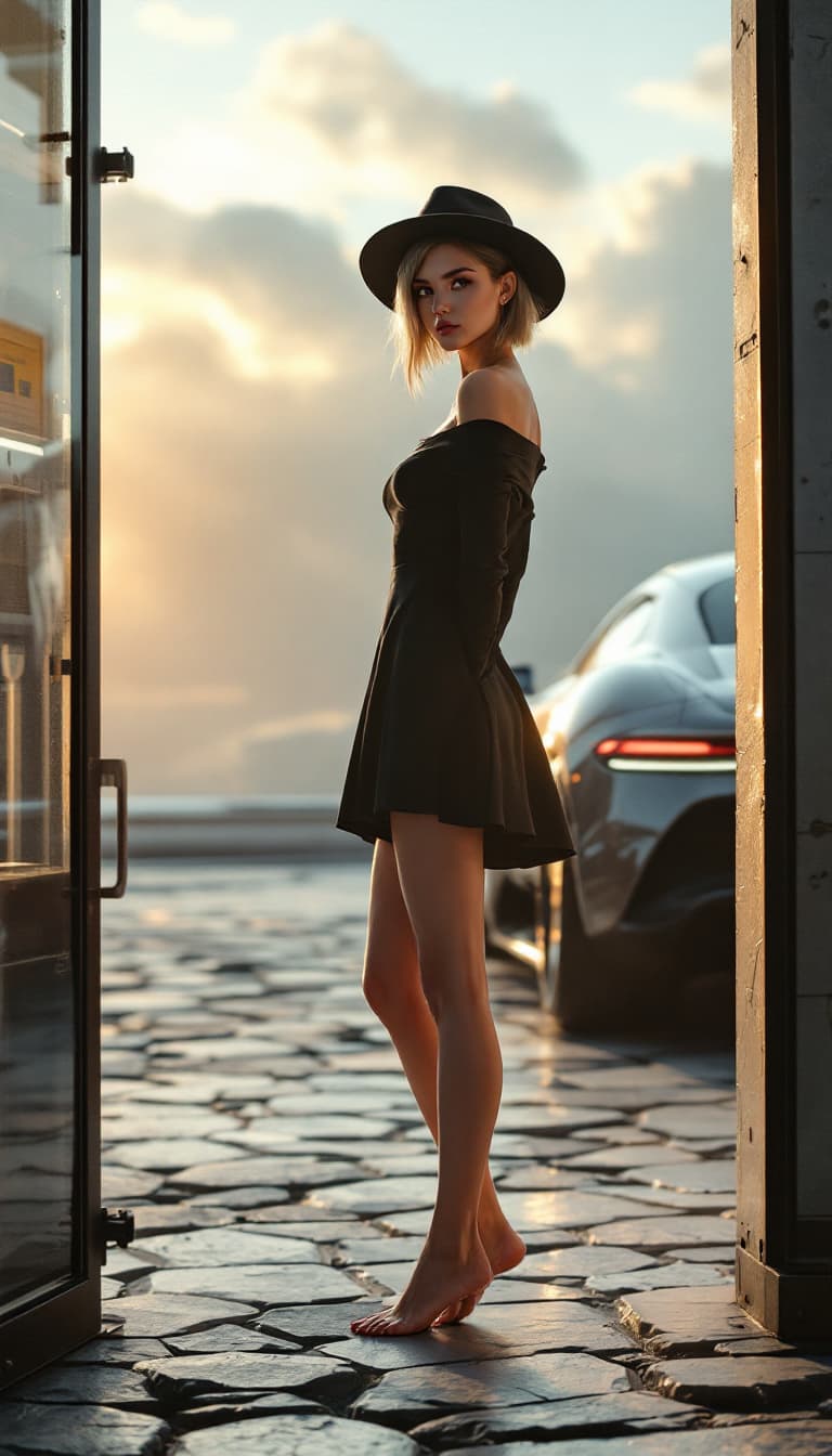 AI generated: Full body view  of a stylish beautiful girl out of a future geasstation store, near a  air cushion c...