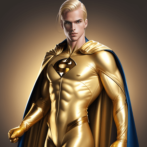 AI generated: male superhero named champion blond hair, skin tight gold suit without logo, gold cape, gold gloves
