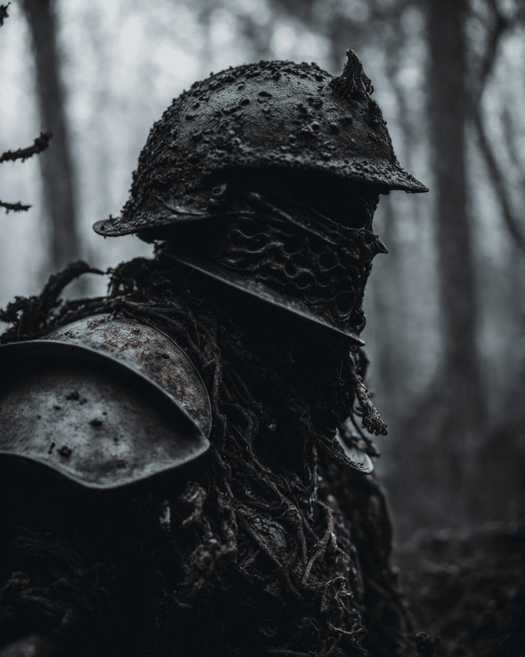 AI generated: Horror-themed surrealisim of the kinght helmet melt on head and skin made with dirt and planet root ...