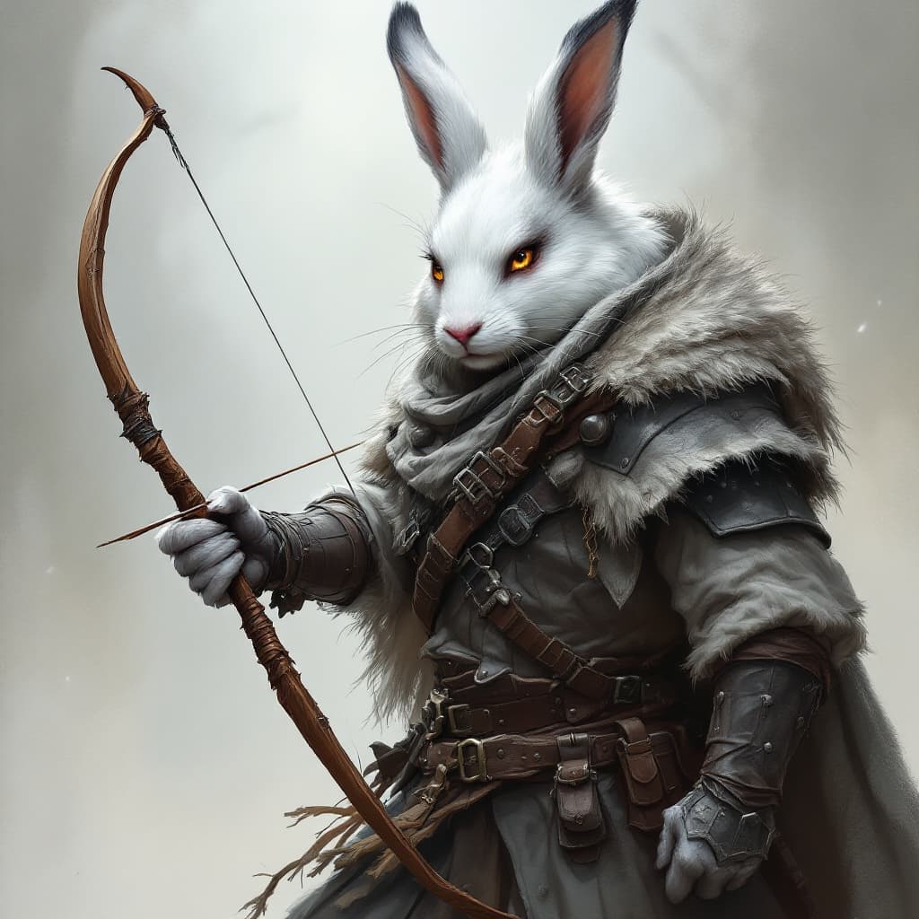 AI generated: male d&d harengon, male dnd rabbitfolk, :: white fur with grey tipped ears, male rogue wearing grey ...