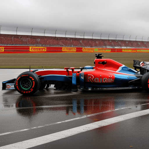 AI generated: a formula 1 driver standing next to his car on the side, the car red with blue, in silverstone, on a...