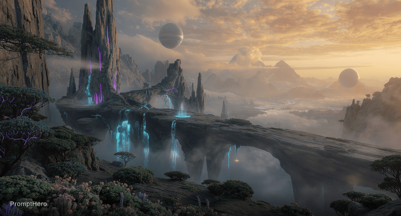 AI generated: A breathtaking wide-angle cinematic establishing shot of an alien world at golden hour — towering ba...