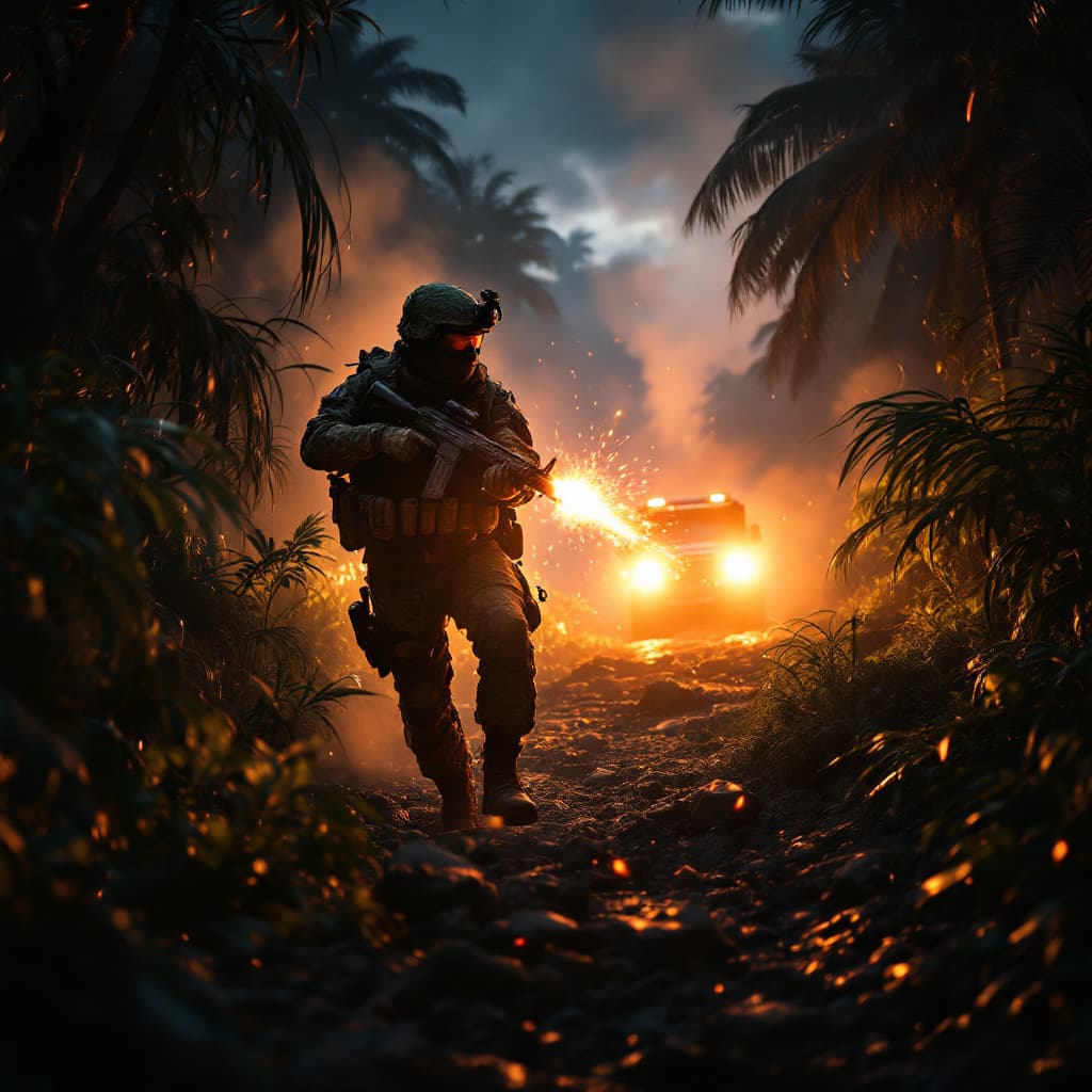 AI generated: "A dark jungle at midnight, illuminated by flashes of gunfire and muzzle flashes. Elite special forc...
