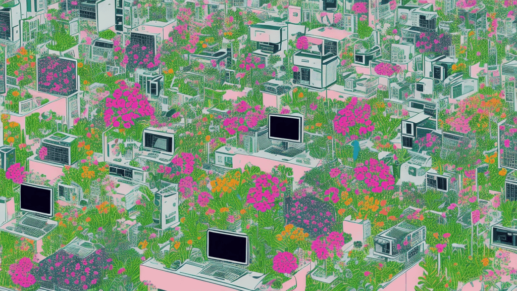 AI generated: A garden of computers with flowers inside of them, risograph art style