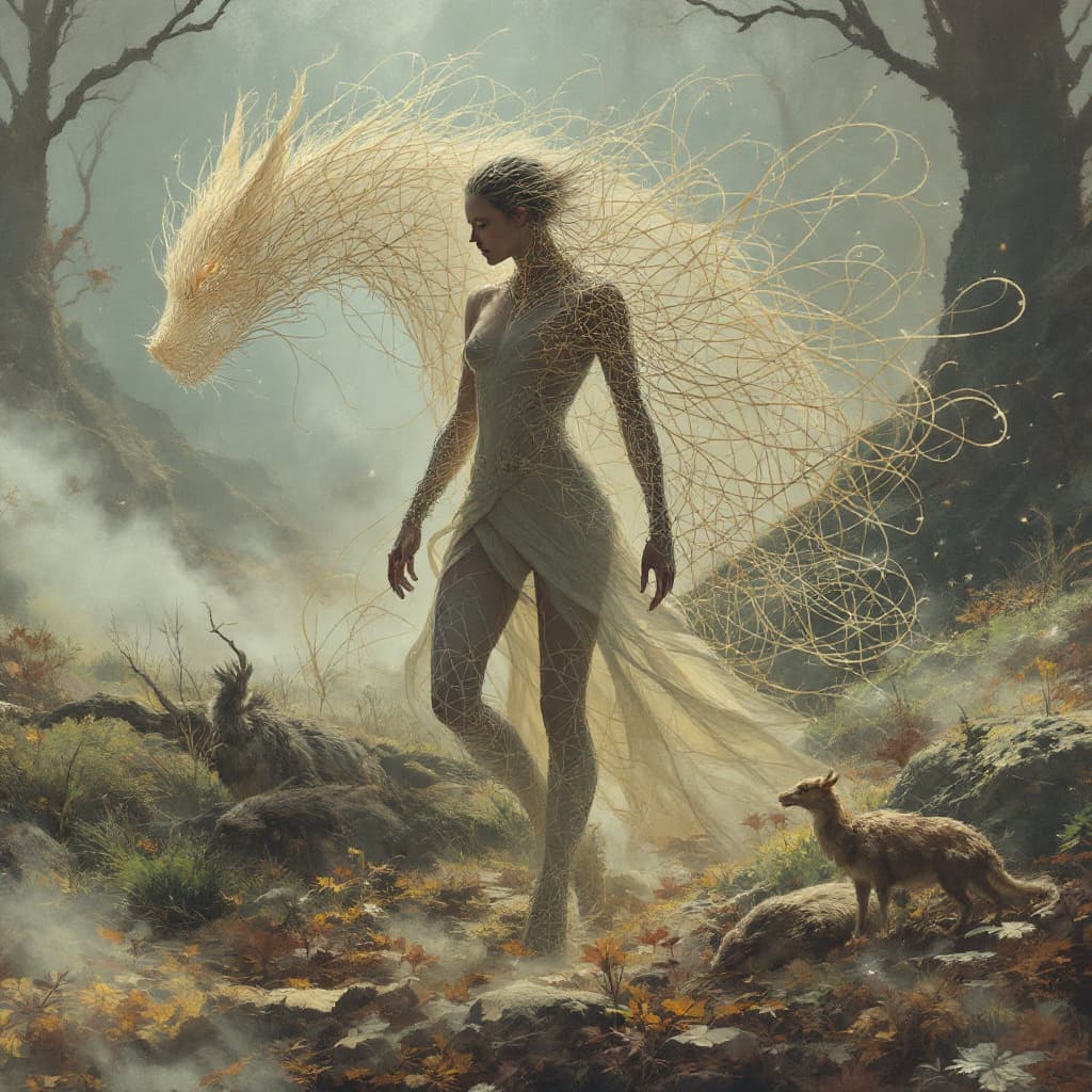 AI generated: A solitary beast master, her form blending into a series of interconnected lines that create the sha...