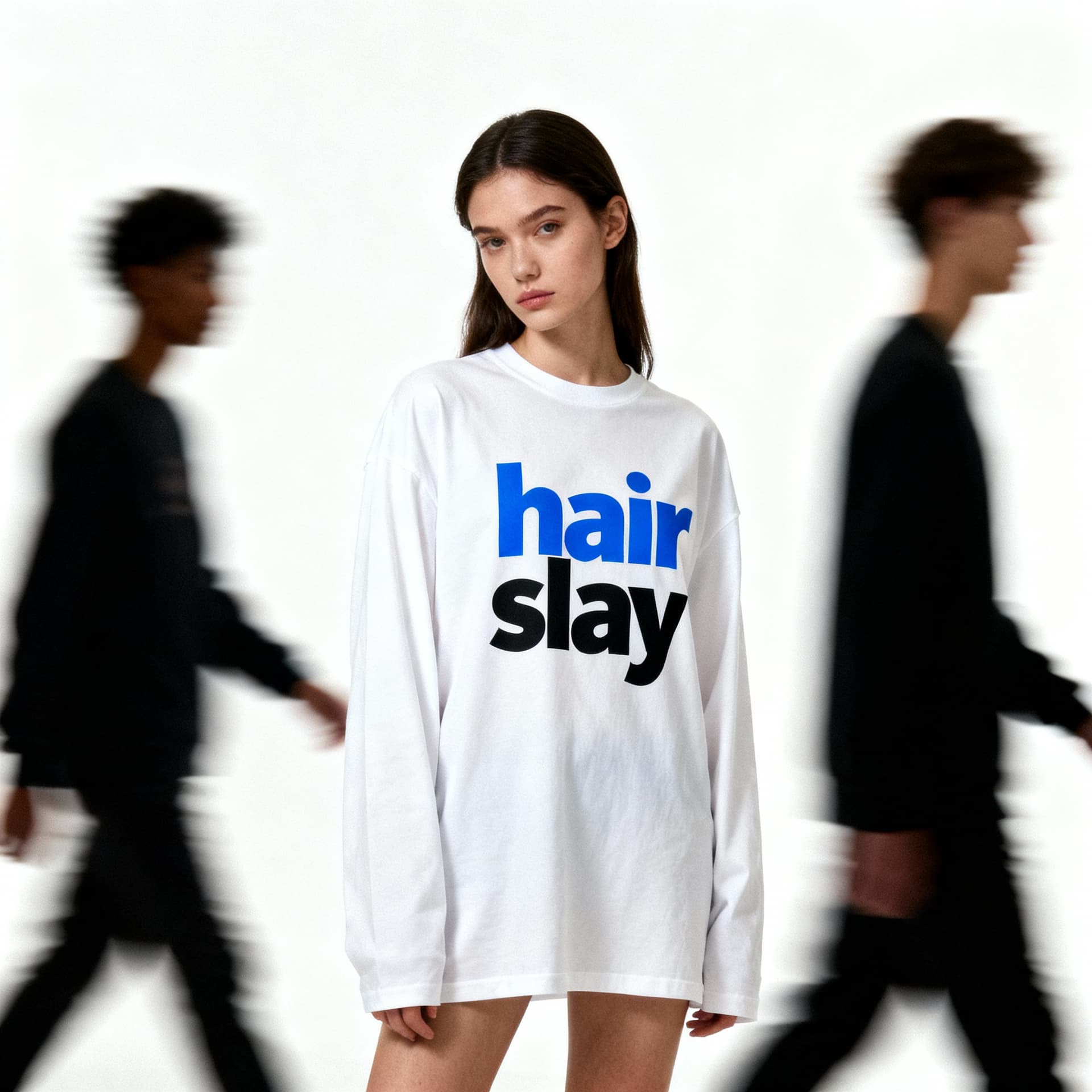 AI generated: high fashion magazine pictorial of a woman in her early 20s who stands still, looking at the camera,...