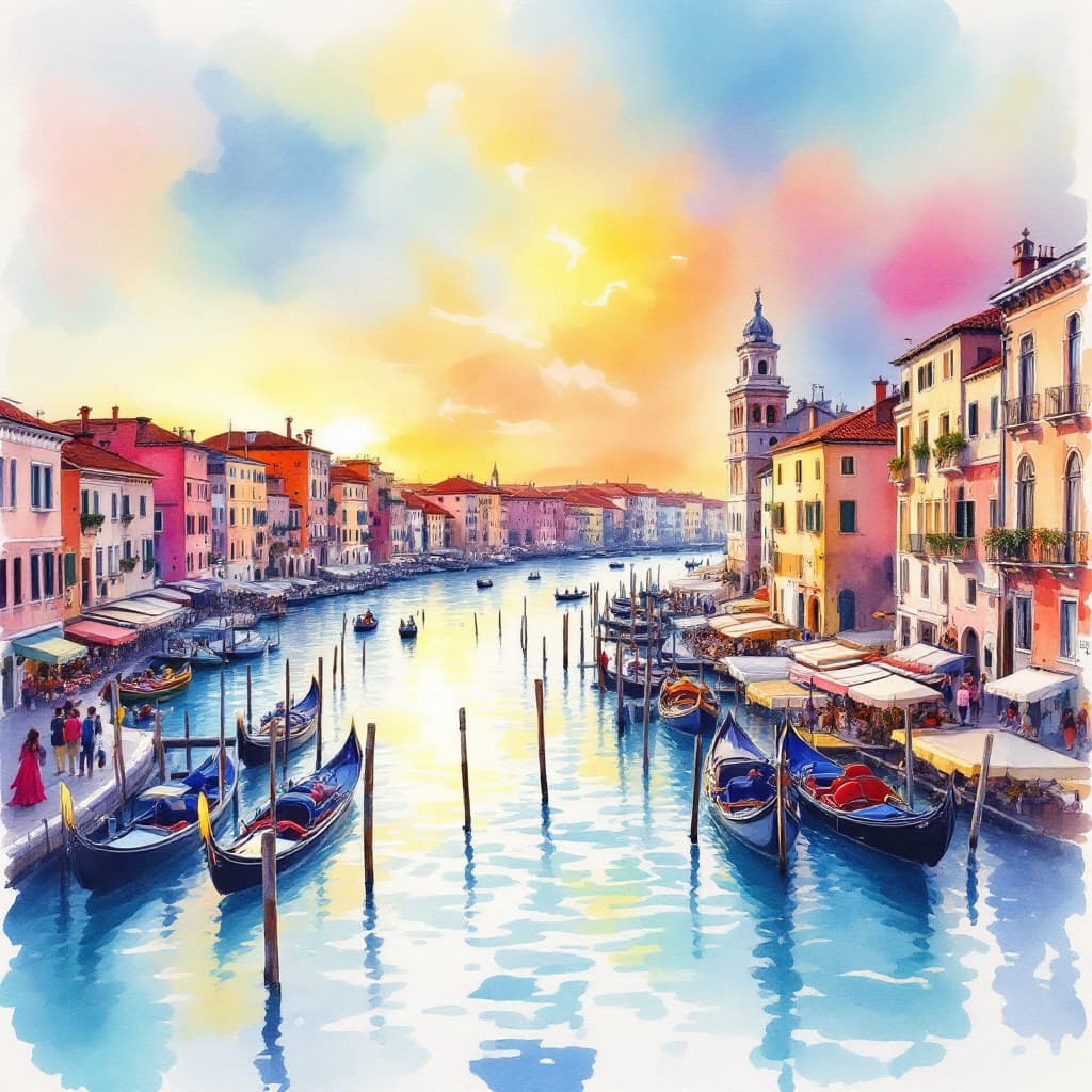 AI generated: watercolor  and ink artistic masterpiece drawing of Venice Italy during carnival.  Happy vibe.