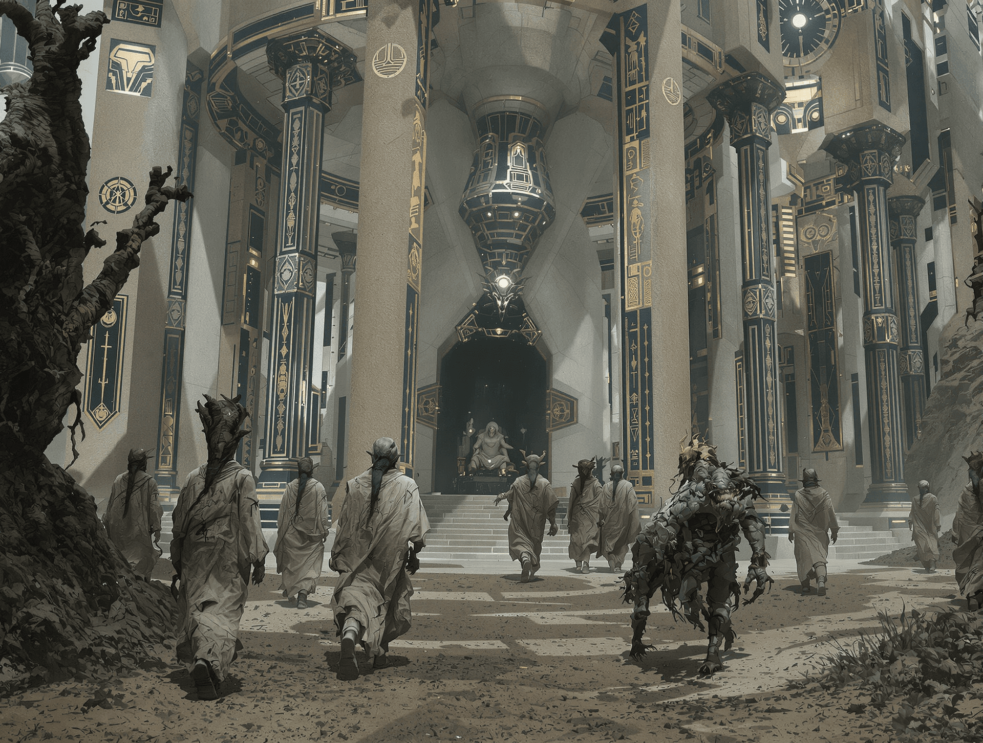 AI generated: /Artprompt Sci-fi, create a dystopian futuristic scene depicting (a group of strange mystical beings...