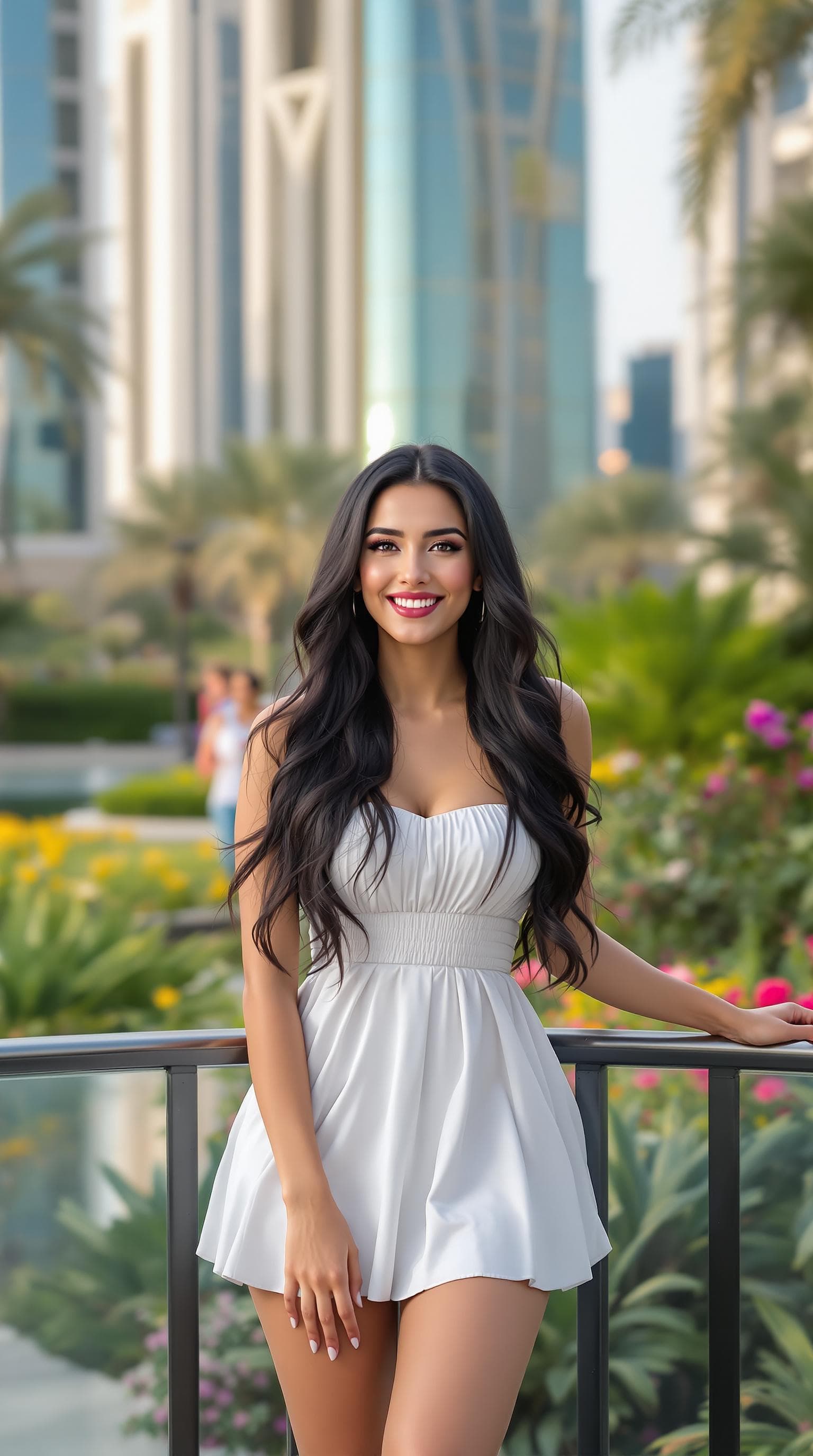 AI generated: realistic, beautiful Arabian woman, beautiful girl, shot front middle, full body, happy, black hair,...