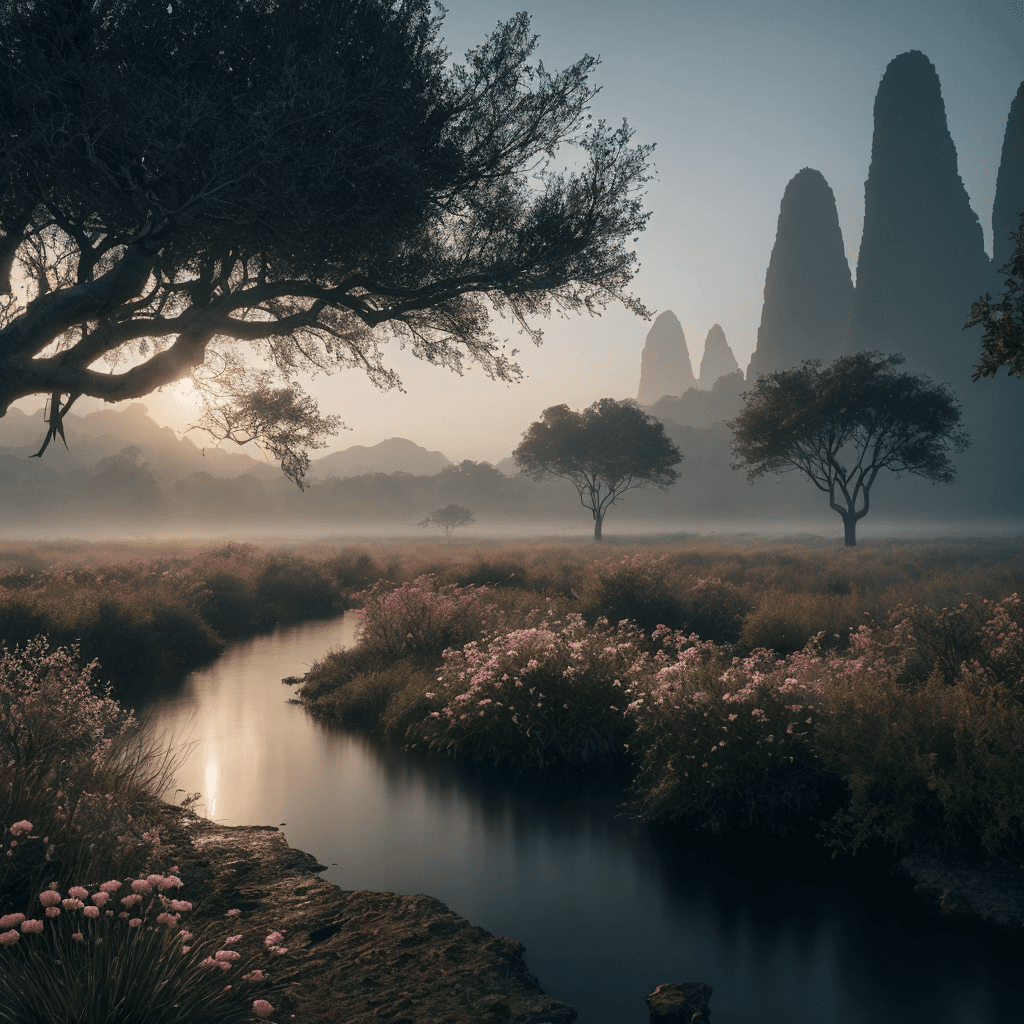 AI generated: hyper realistic high detail raytracing octane render. Foggy Sea of Darkness. Darkly beautiful. Marsh...