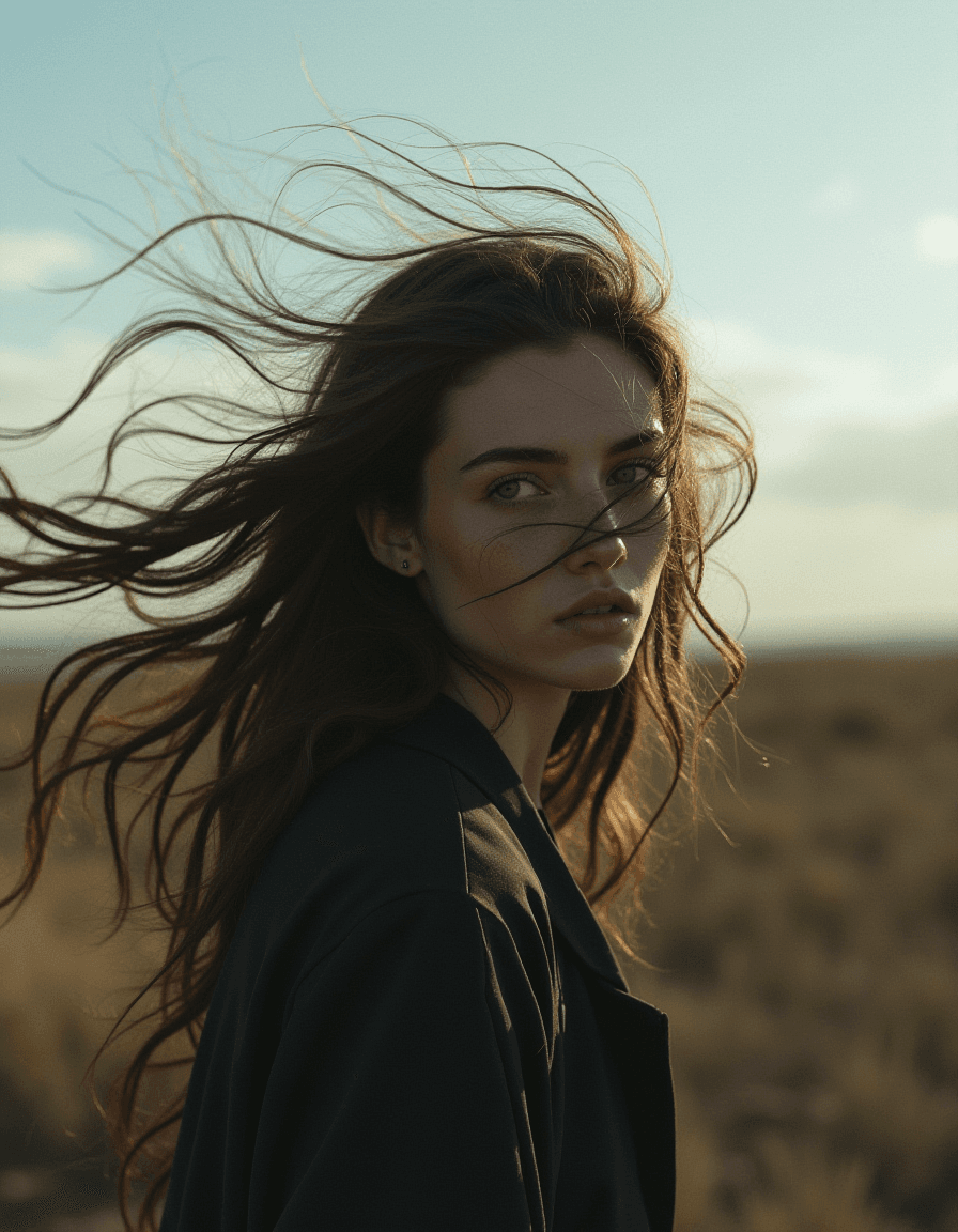 AI generated: a woman with long wild hair on a windy day, in the style of toy camera effects, haunting elegance, f...