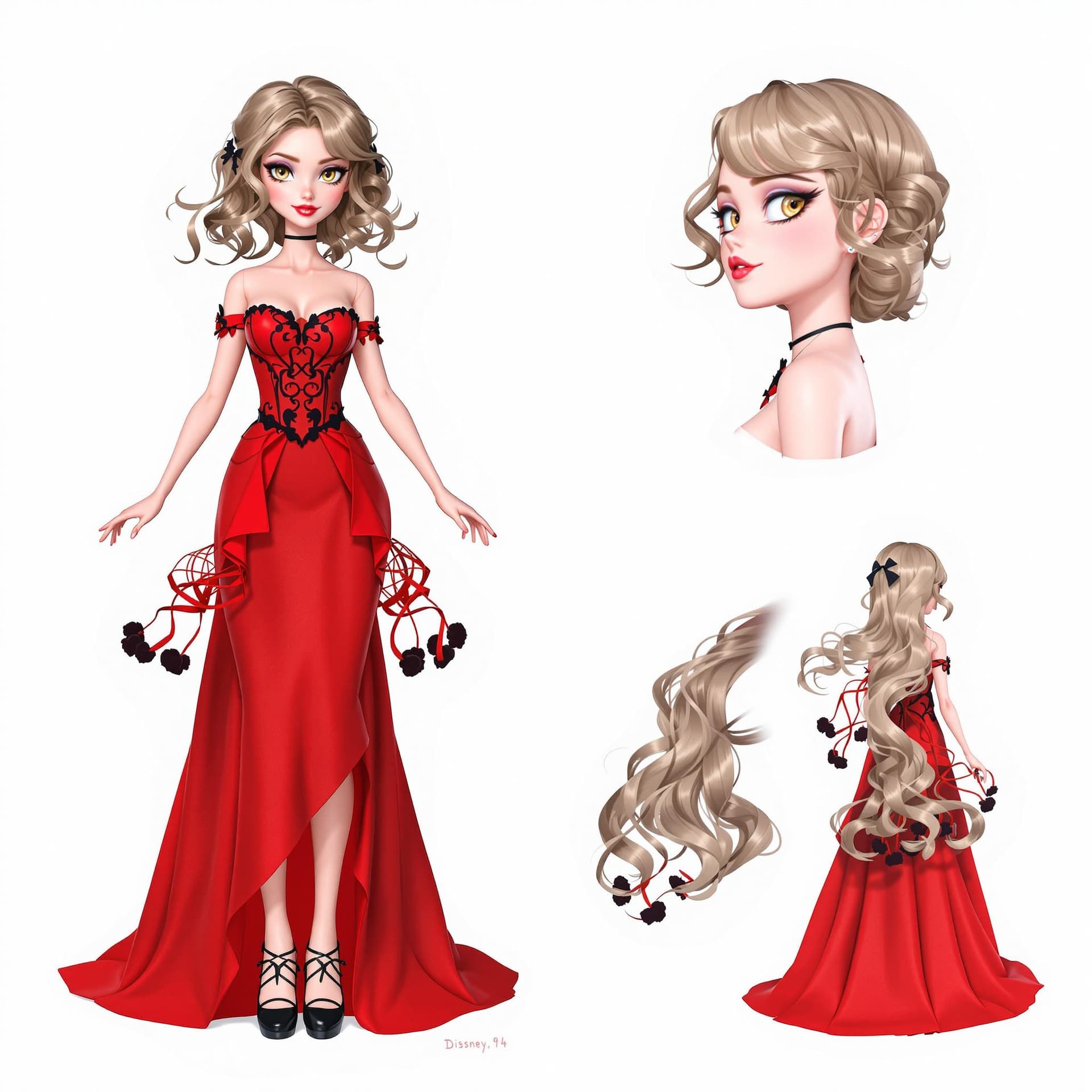 AI generated: Character sheet，diesney valentine, Girl with fasened top hair，red gown, fully visible gown, with low...