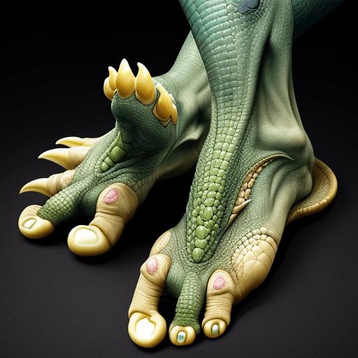 AI generated: a human foot similar to a dinosaur's foot with reptile claws instead of human nails