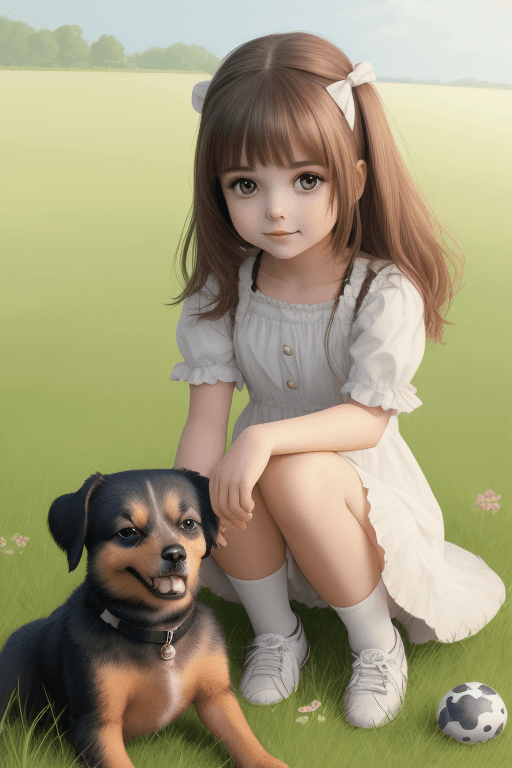 AI generated: A cute adorable girl with a dog sitting on a grass field,((masterpiece))