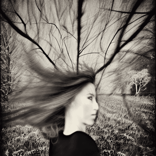 AI generated: a woman with long wild hair on a windy day, in the style of toy camera effects, haunting elegance, f...