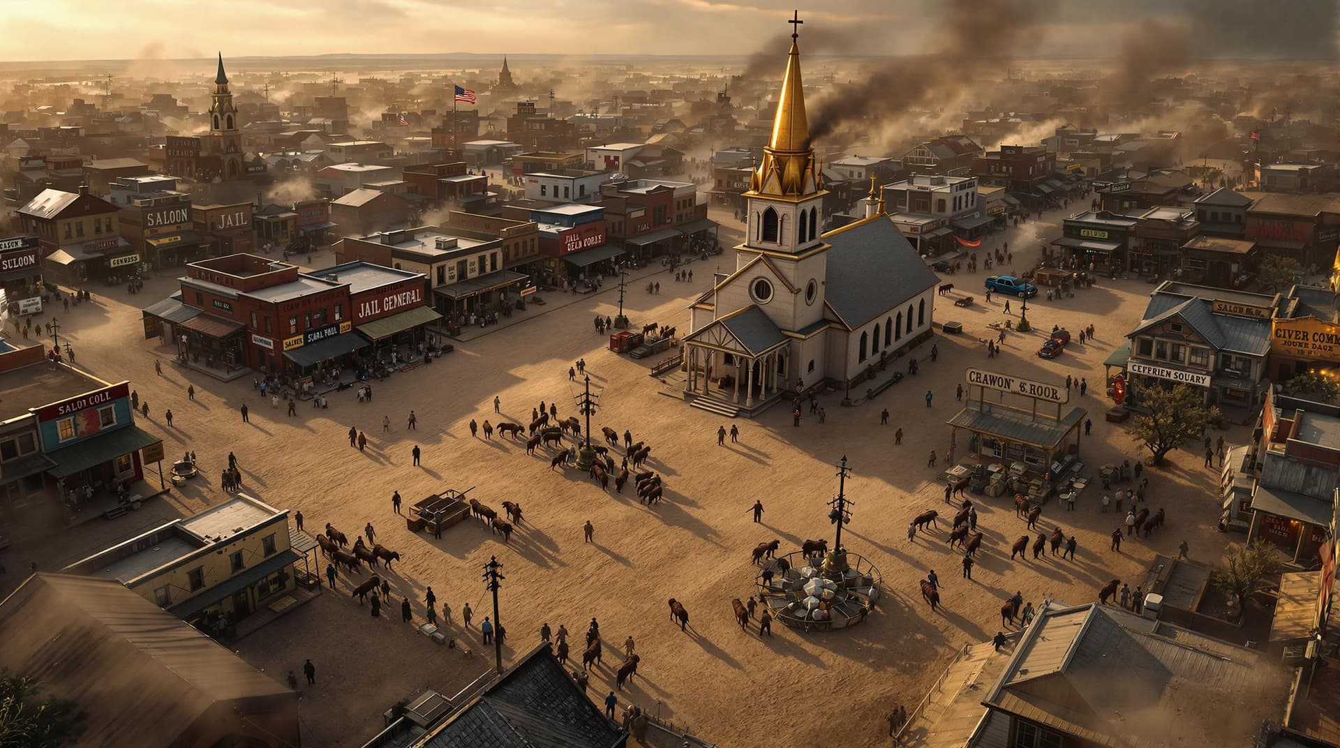AI generated: A realistic, high angle view looking down on an Old West town in 1880 with numerous worn saloon, jai...