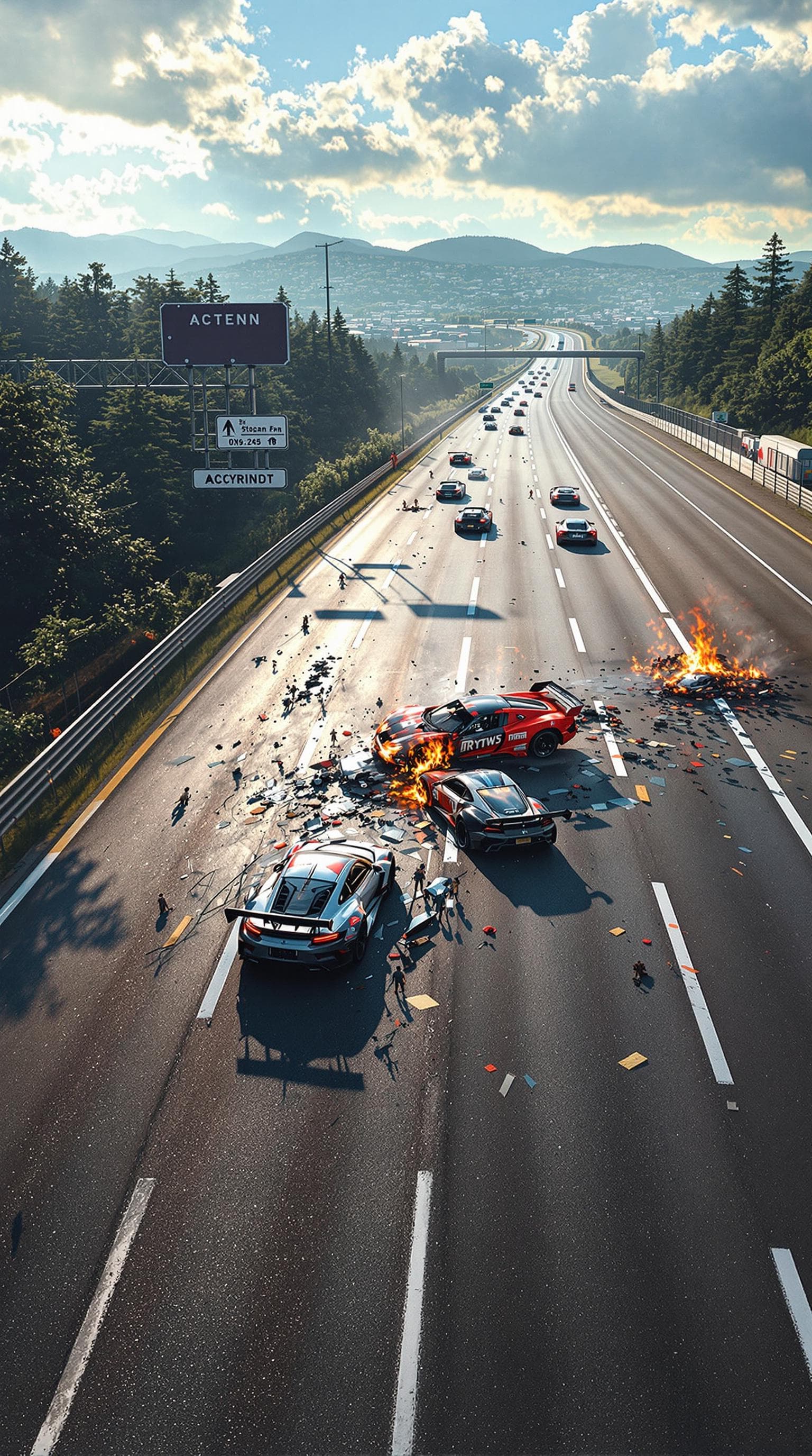 AI generated: Summer.      ACCIDENT on the highway! 2 racing cars collided. Small wrecks of cars on the highway. N...