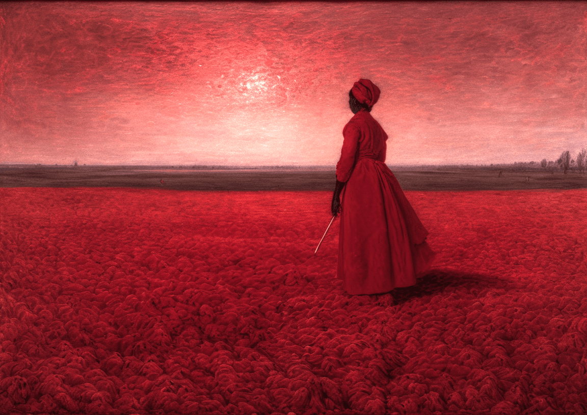 AI generated: a prelude in red, (by Jean-François Millet:1.03), (by Yves Klein:0.75)