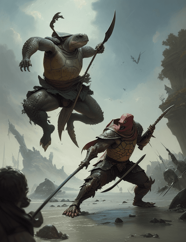 AI generated: A turtle with halberd fights against a wizard with a staff by Greg Rutkowski, oil painting, heavy st...