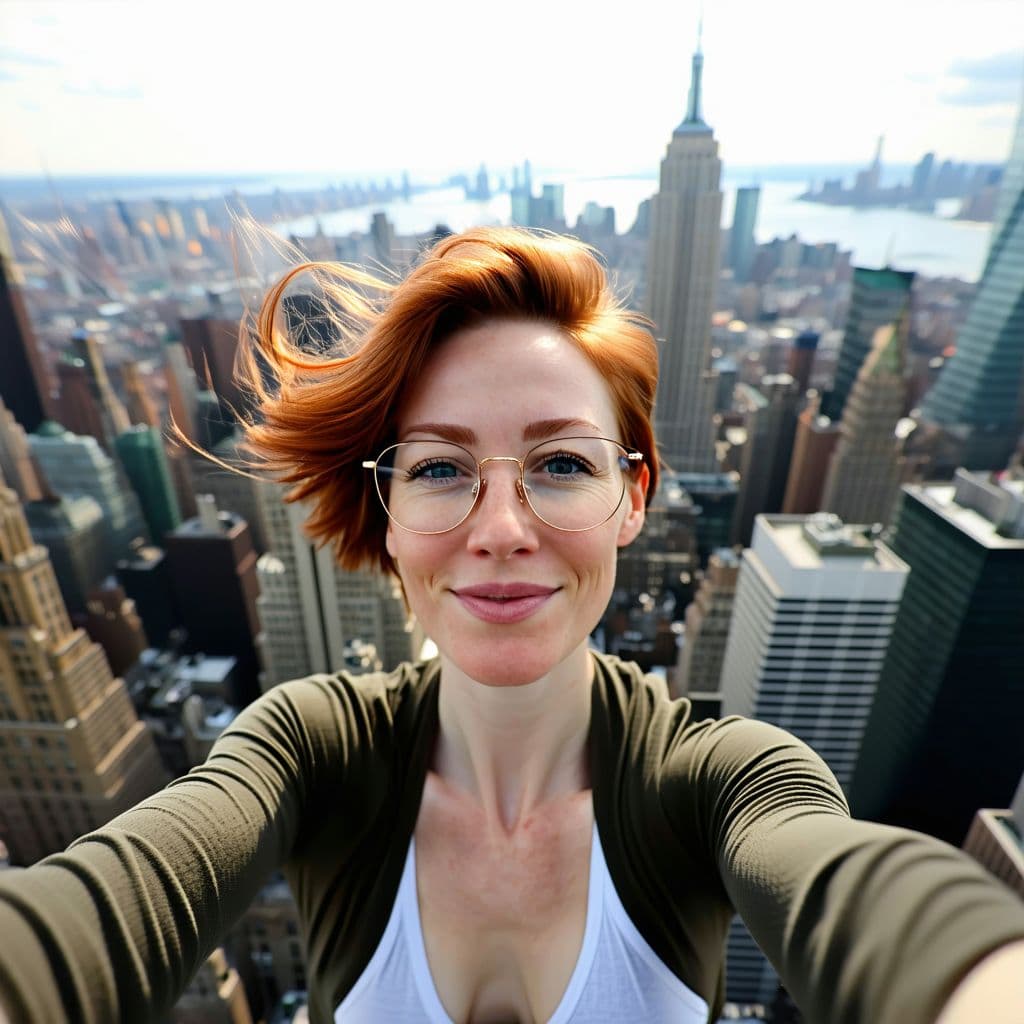 AI generated: A selfie of woman in New York City, she is flying above the city, in the style of photorealistic art...
