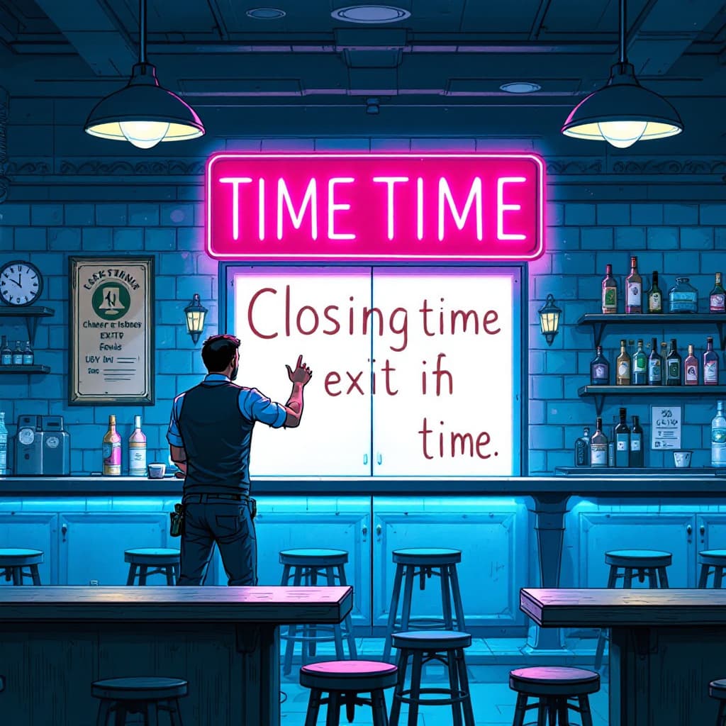 AI generated: closing time at a bar, with a big exit sign lit up over the exit doors,  a bartender putting the sto...