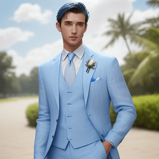 AI generated: Caption: "A light and breezy blue linen suit is perfect for a summertime outdoor wedding. It's cool ...