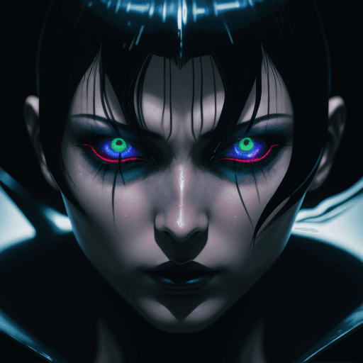 AI generated: frank miller illustration, dark anime, Arcane, bladerunner, villain frontal facial close up uplit fr...