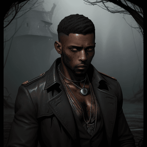 AI generated: A black man, with short fade and line in hair, in a torn, government issued, blood stained trench co...