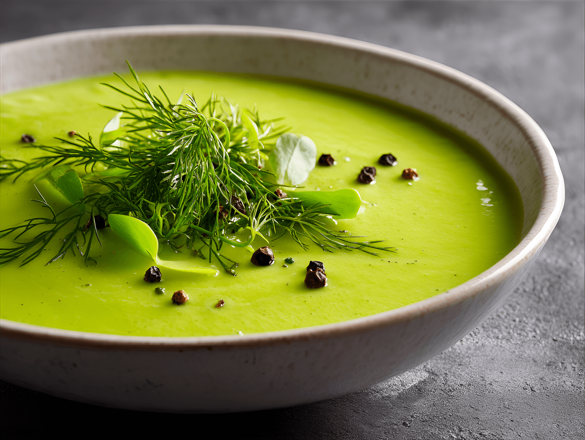 AI generated:  vibrant green soup,  smooth and creamy, garnished with fresh dill sprigs and small, bright green he...