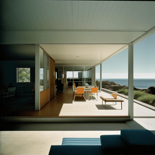 AI generated: Hyper realistic eye level exterior photo of a mid century modern style house overlooking the ocean, ...