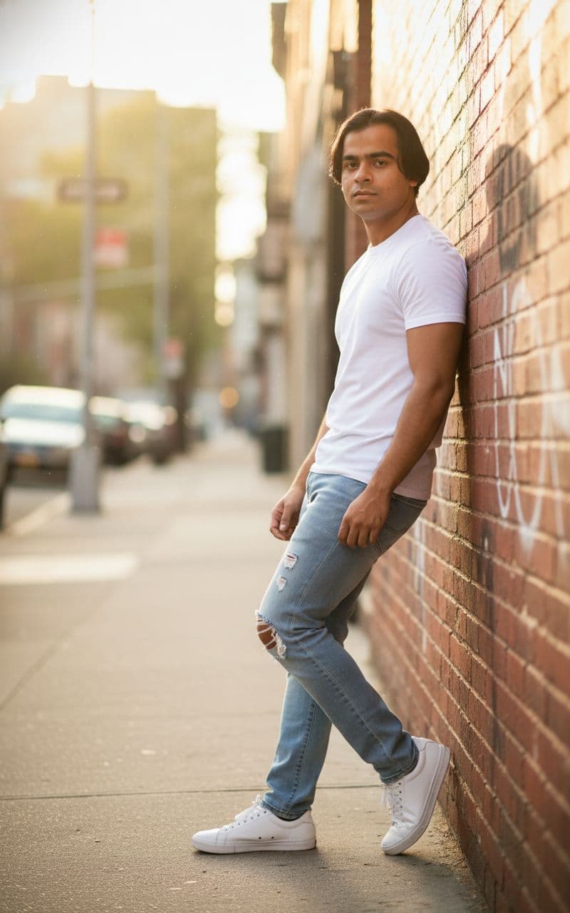 AI generated: a stylish young man with a lean, toned physique height 5feet 6inch, brown eyes, black hair same as r...