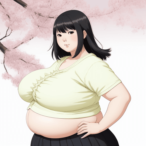 AI generated: Japanese Anime-like girl with fat body, huge belly, fatter face and triple chin