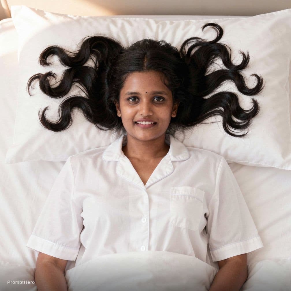 AI generated: Create a high-resolution photograph of a fit adult woman lying on her back in a bed covered with pri...