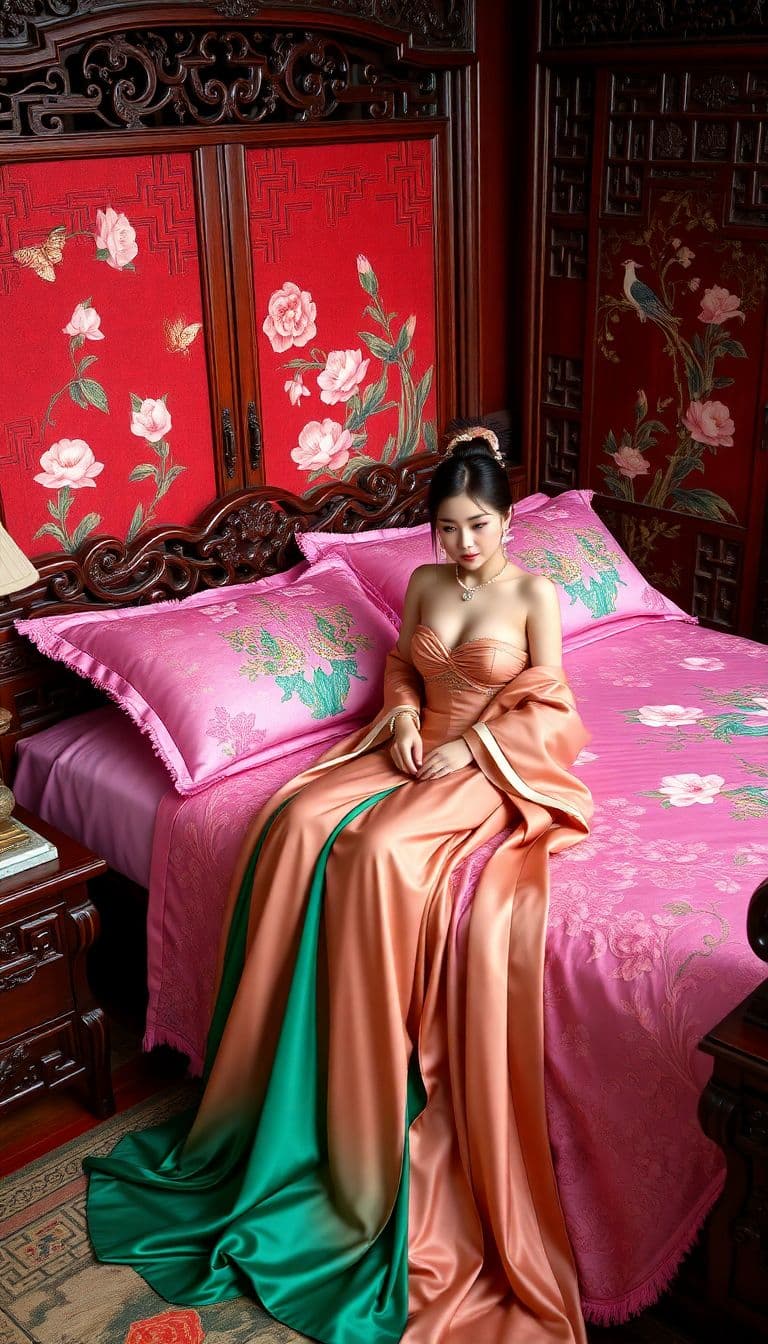 AI generated: (sex:1.4),NSFW,(hanfu),no bra,no panties,
redwood carved bed, mandarin ducks pattern, embroidered s...