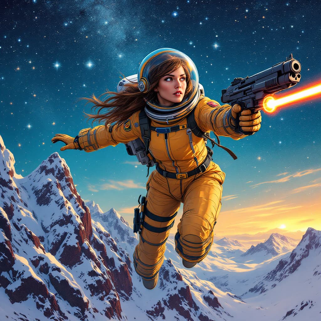 AI generated: Comic book illustration of a woman in a spacesuit with a helmet and visor, holding a laser gun, in t...