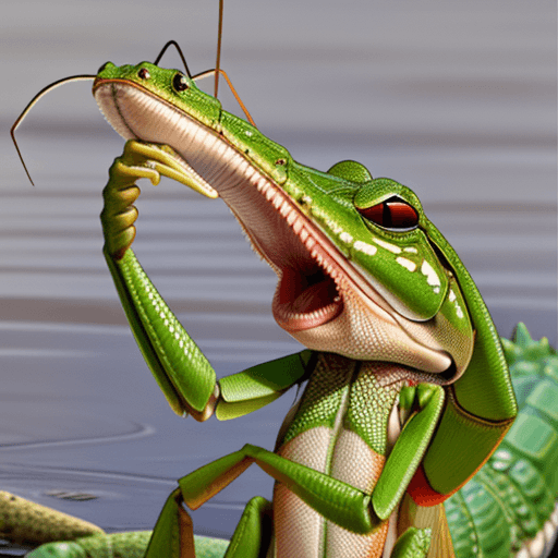 AI generated: Praying mantis eating an alligator 